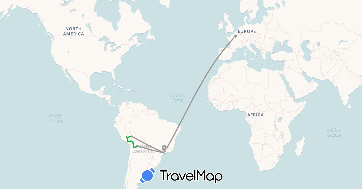 TravelMap itinerary: bus, plane, hiking in Bolivia, Brazil, France, Peru (Europe, South America)